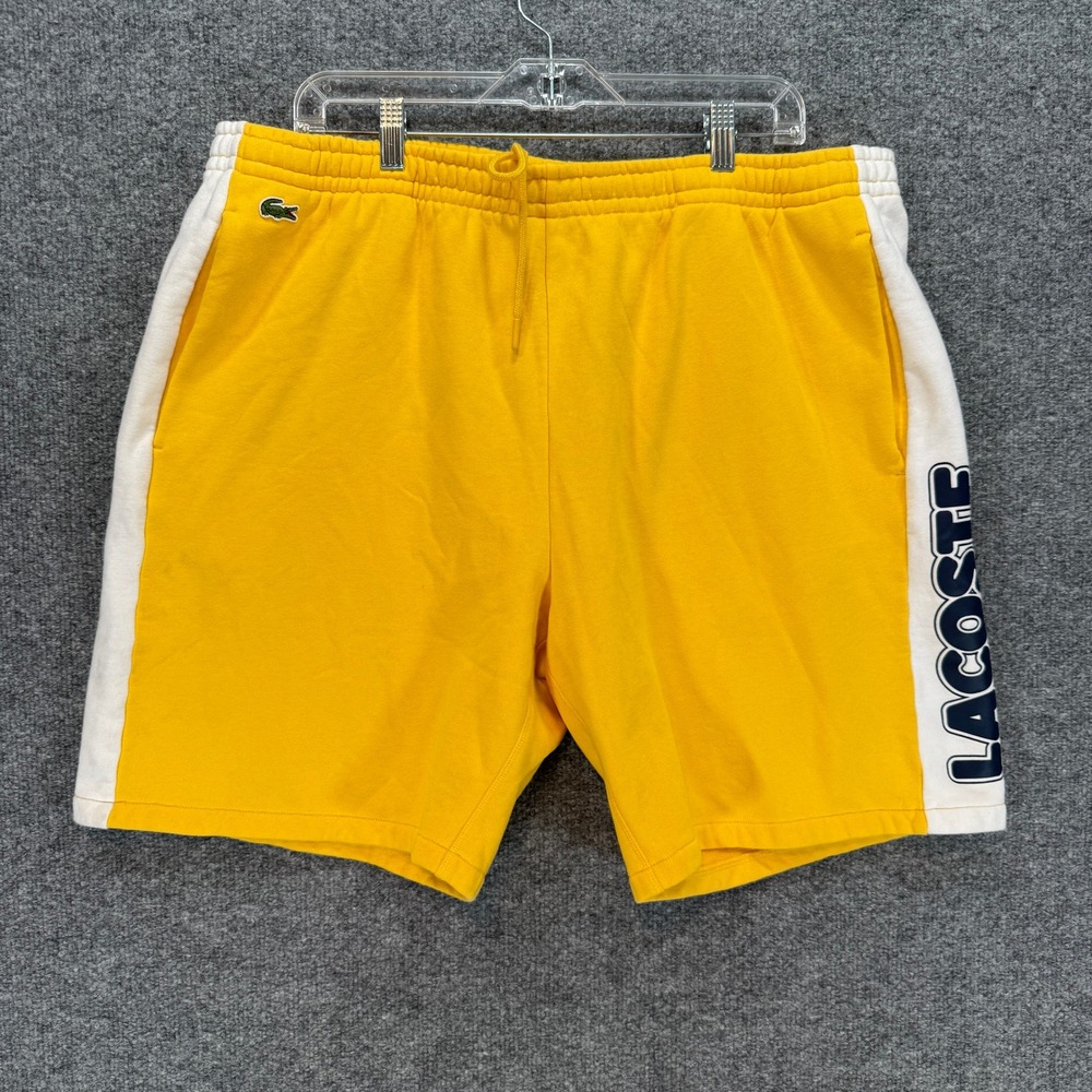 Lacoste Shorts Men XXL Yellow Logo Side Stripe Sweatshorts Gym Lounge Fleece
